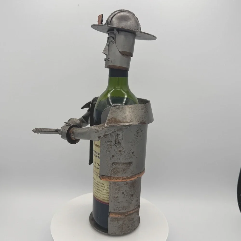Metal Fireman Wine Bottle Holder Firefighter Caddy Industrial Art Decor